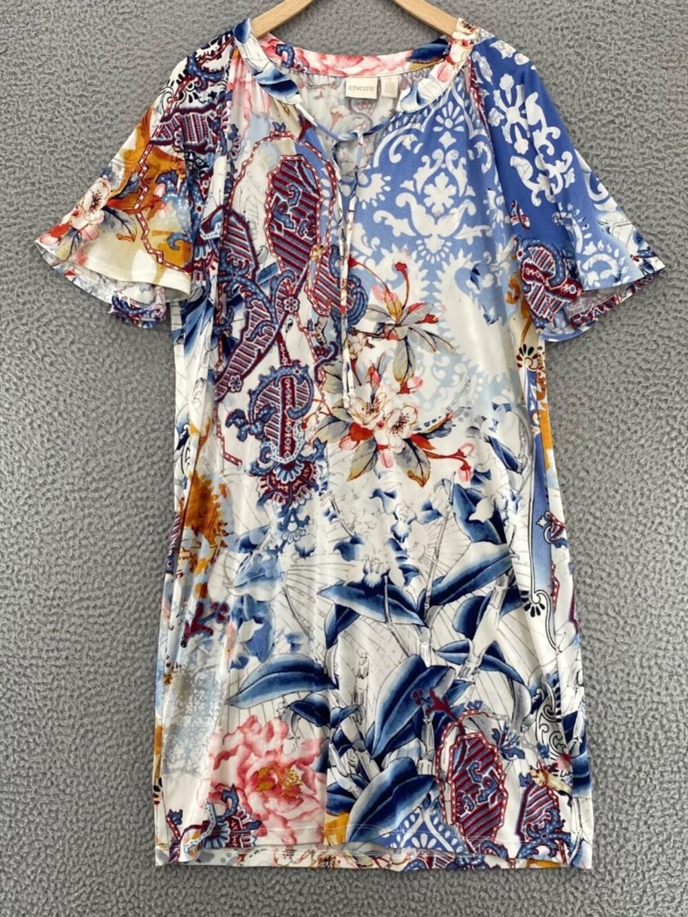 Chicos Dress Womens 1 US Medium Refreshing Floral Paisley Blue Flutter Sleeve